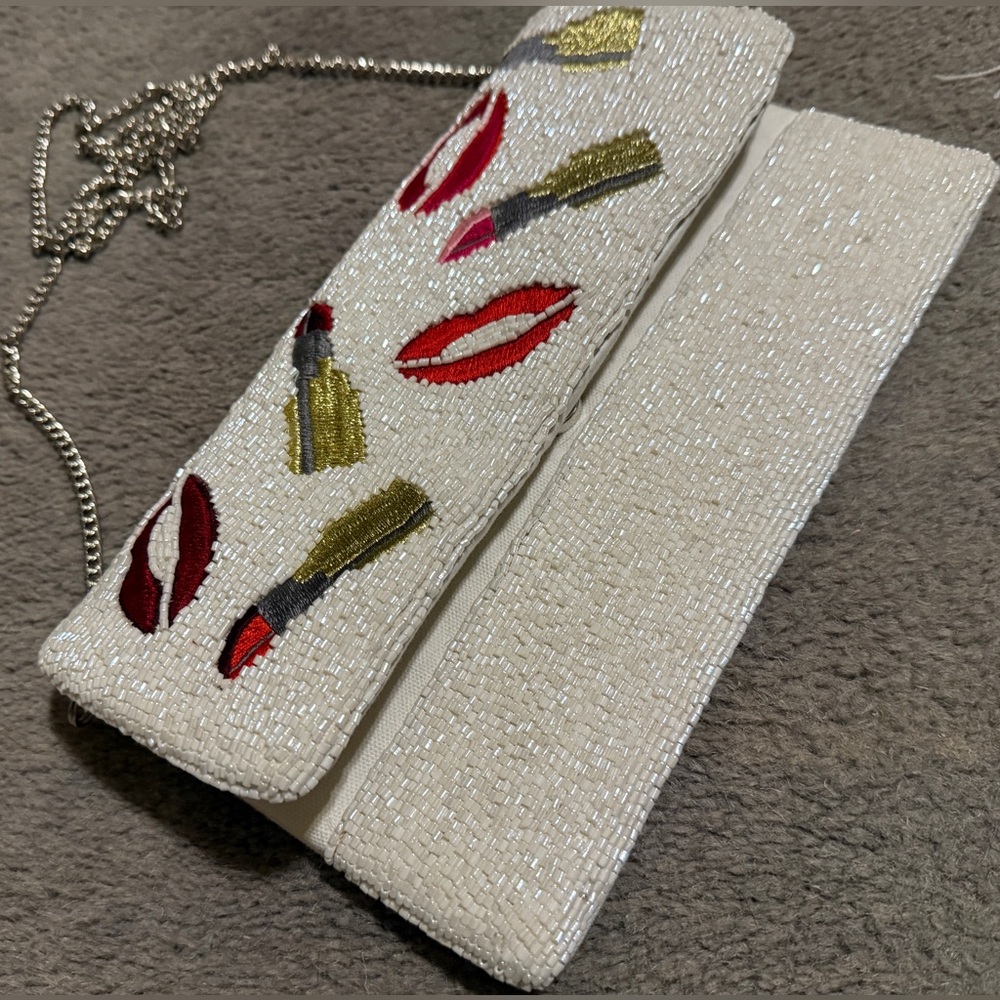 Beaded Lipstick & Lips Clutch Bag with Silver Chain Evening Statement Purse
